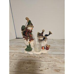 Vintage NOS Snowman Votive Candle Holder Wooden Carved‎ Heavy Sturdy